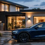 Luxury electric SUV charging at home in the evening