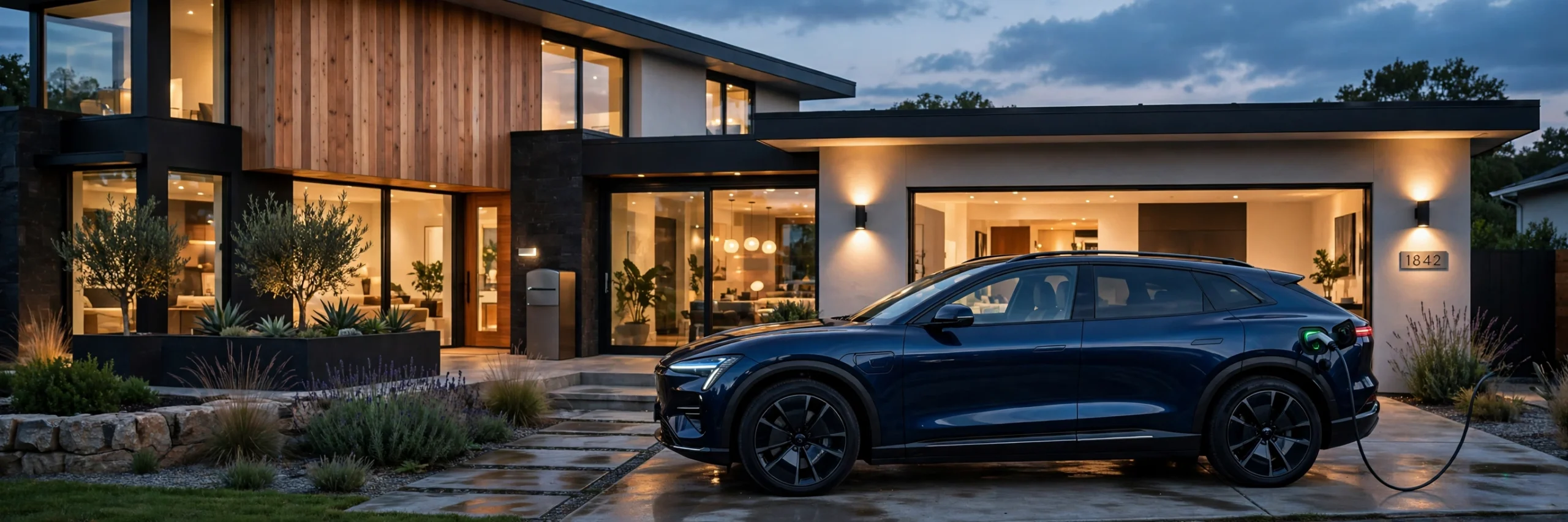 Luxury electric SUV charging at home in the evening