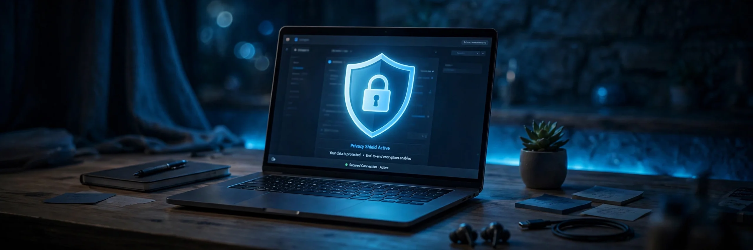 newanonib online safety concept showing a laptop with a digital privacy shield