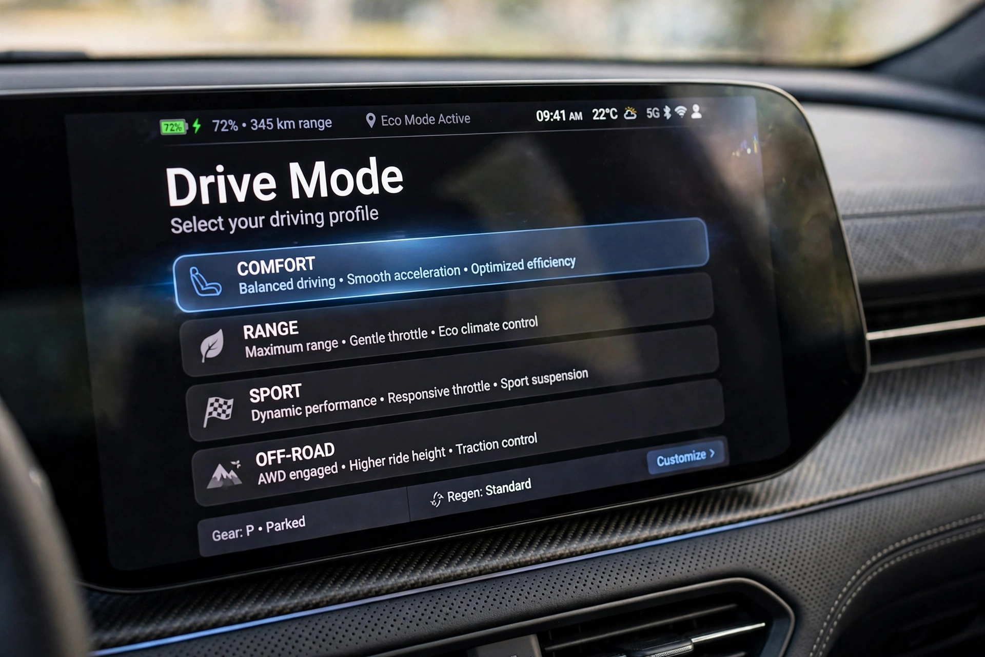 Digital dashboard display showing driving mode selection in an electric SUV