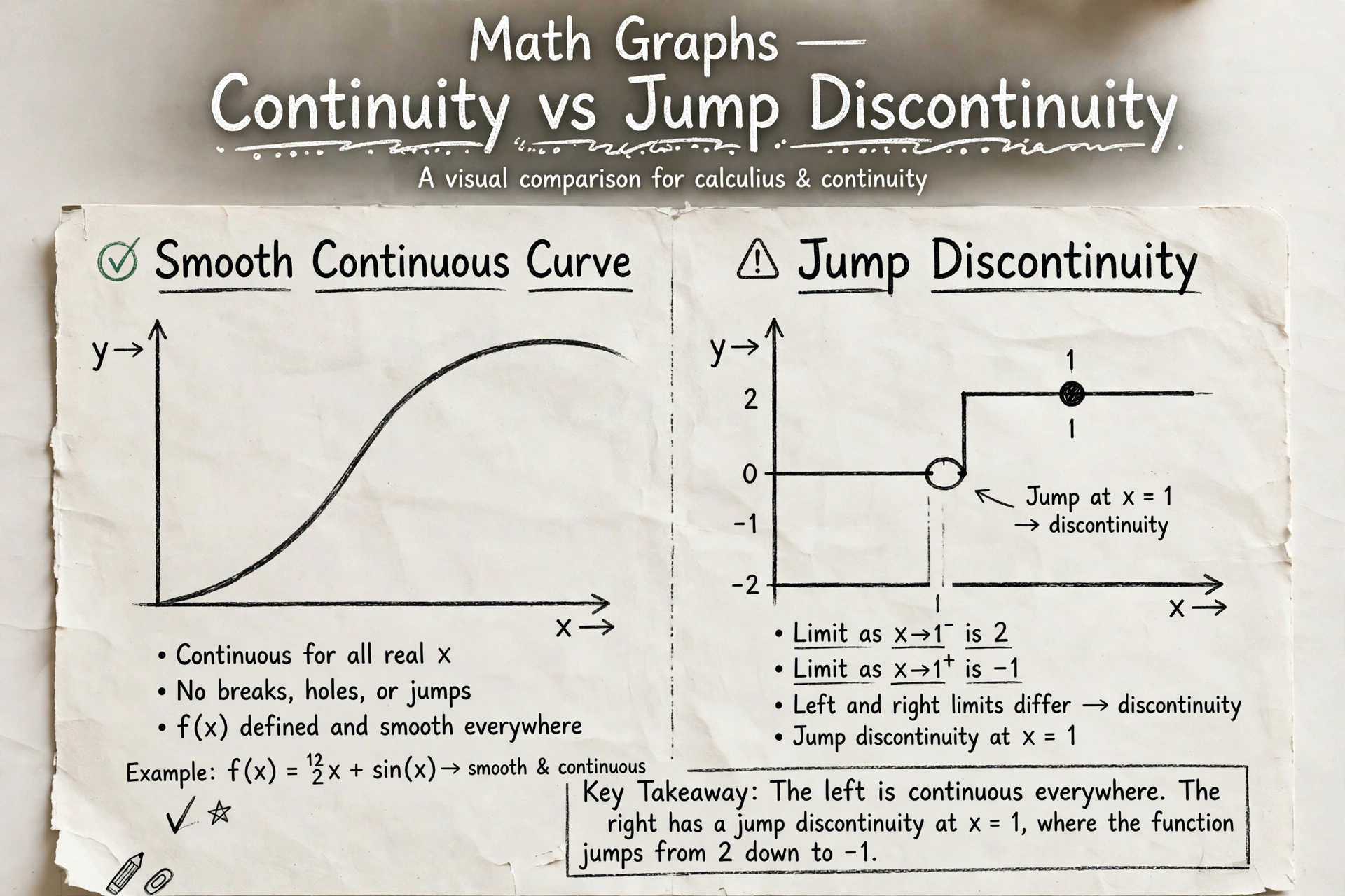 Maths graph comparing a continuous function with a jump discontinuity