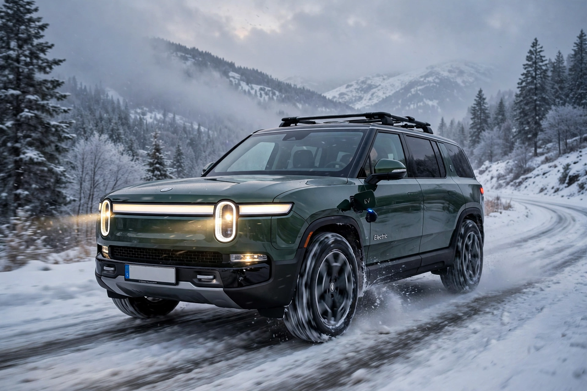 Electric SUV driving in snow, where cold weather affects EV range