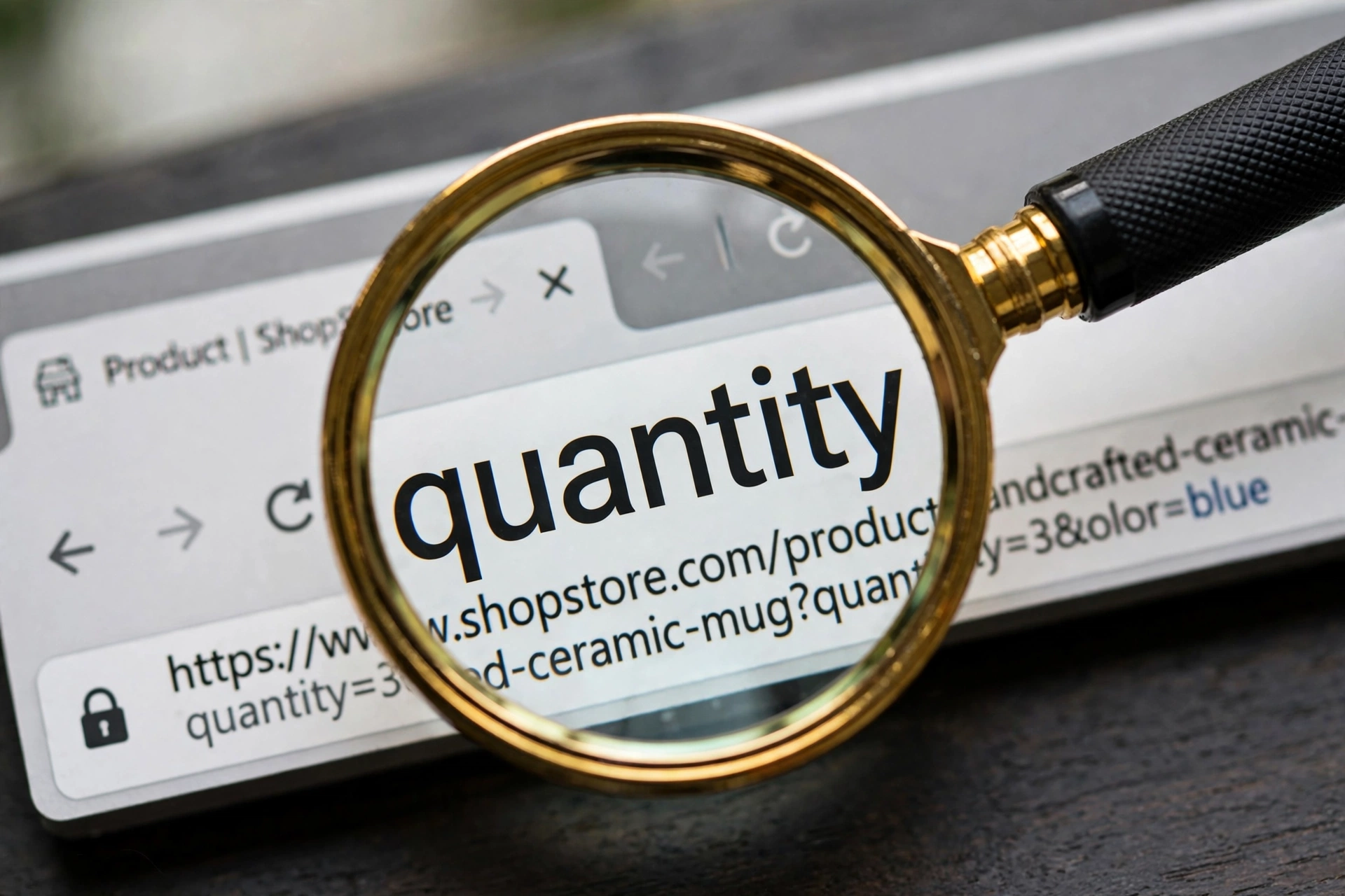 Close-up of a URL with the word quantity highlighted during an SEO audit