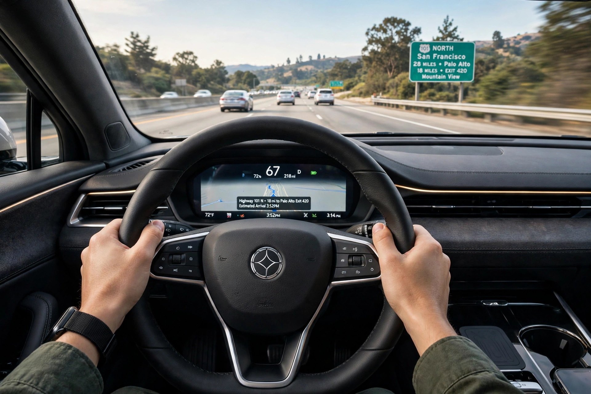 Driving an electric SUV on a highway road trip